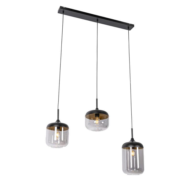 Designová závěsná lampa černá se zlatem a kouřovým sklem 3 světla - Kyan