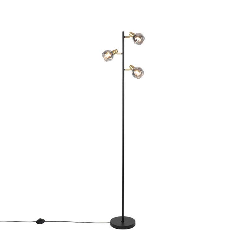Stojací lampa ve stylu art deco černé a zlaté s kouřovým sklem 3-světlo - Vidro