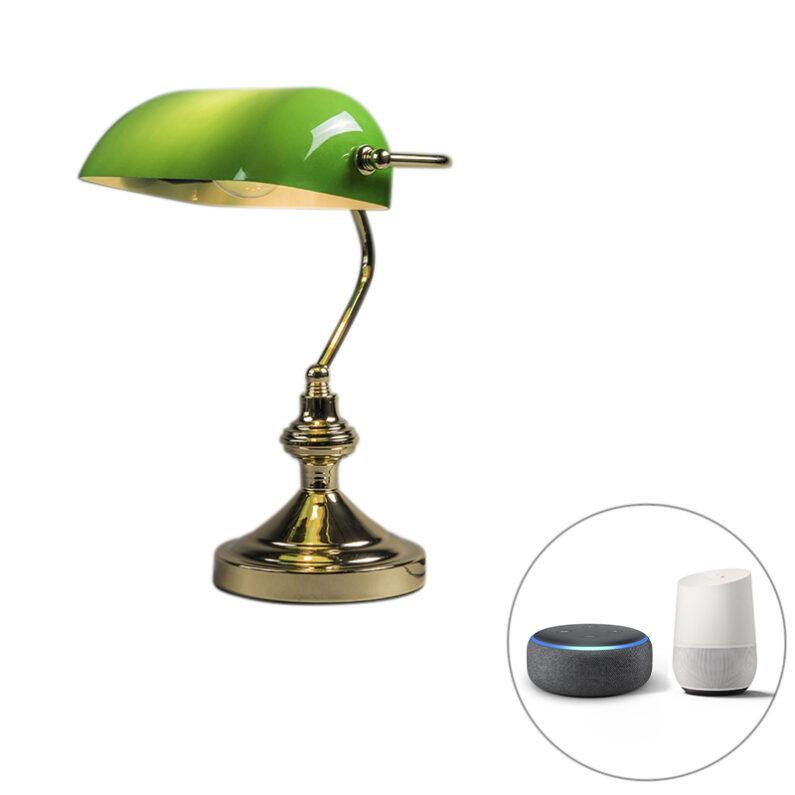 Chytrá stolní lampa mosazná se zeleným sklem včetně Wifi P45 - Banker